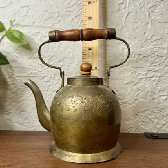 Antique Brass Tea Pot Kettle Original Old Hand Crafted Etched Wood Handle - Picture 6 of 7